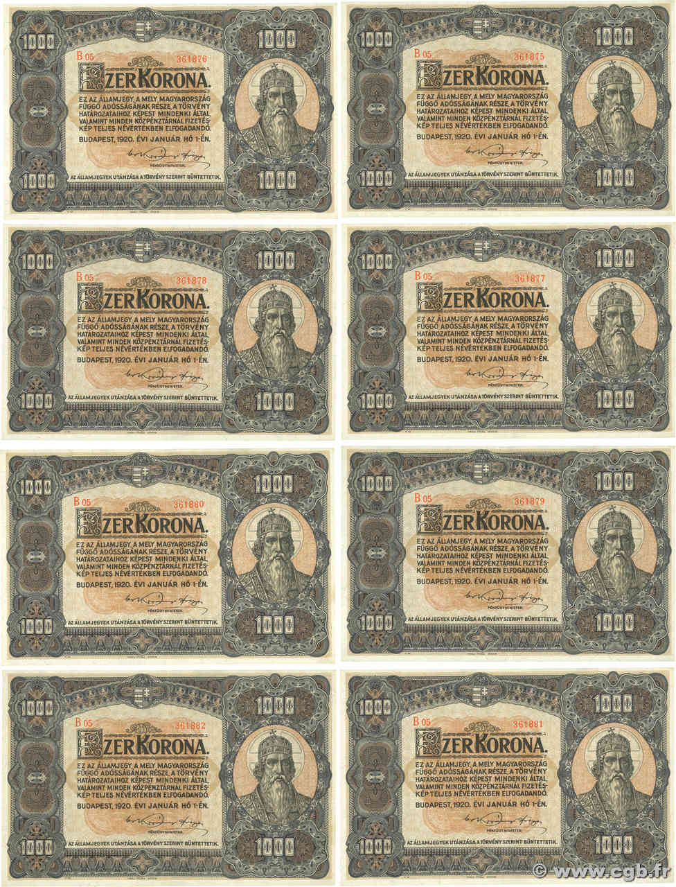1000 Korona Consécutifs HUNGARY  1920 P.066a XF+