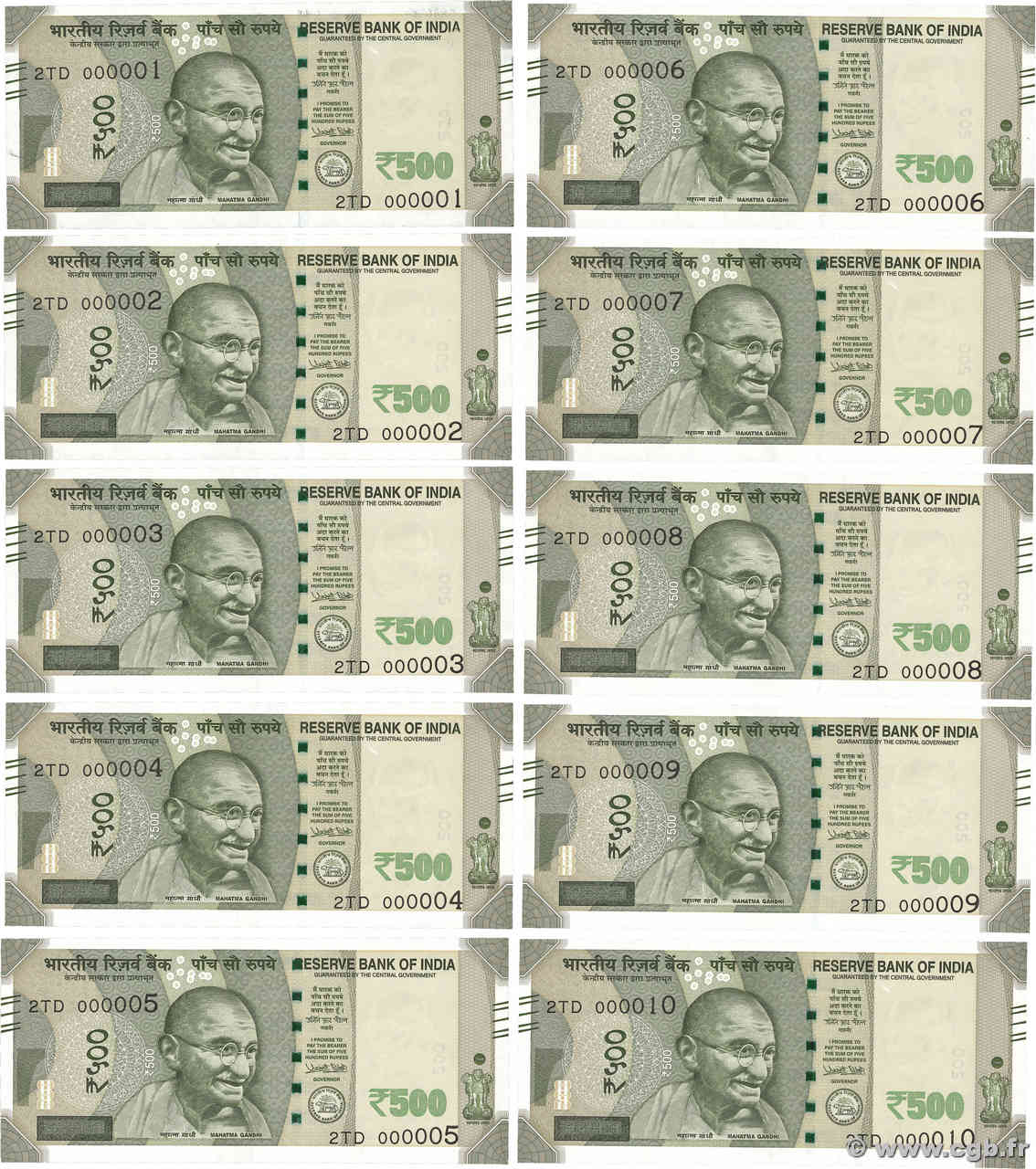 500 Rupees Consécutifs INDIA
  2017 P.114e q.FDC