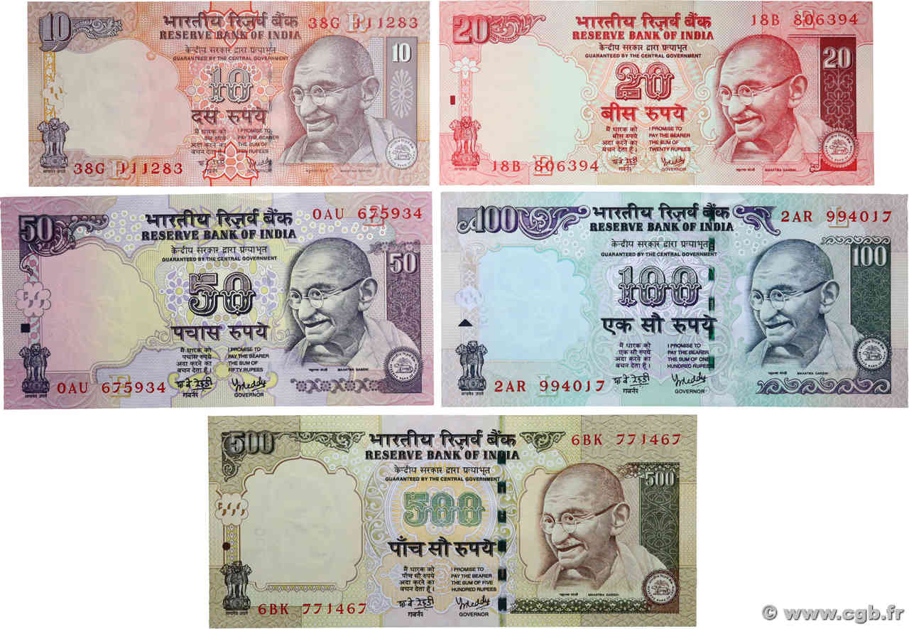 10 à 500 Rupees Lot INDIA  2005 P.Lot UNC-