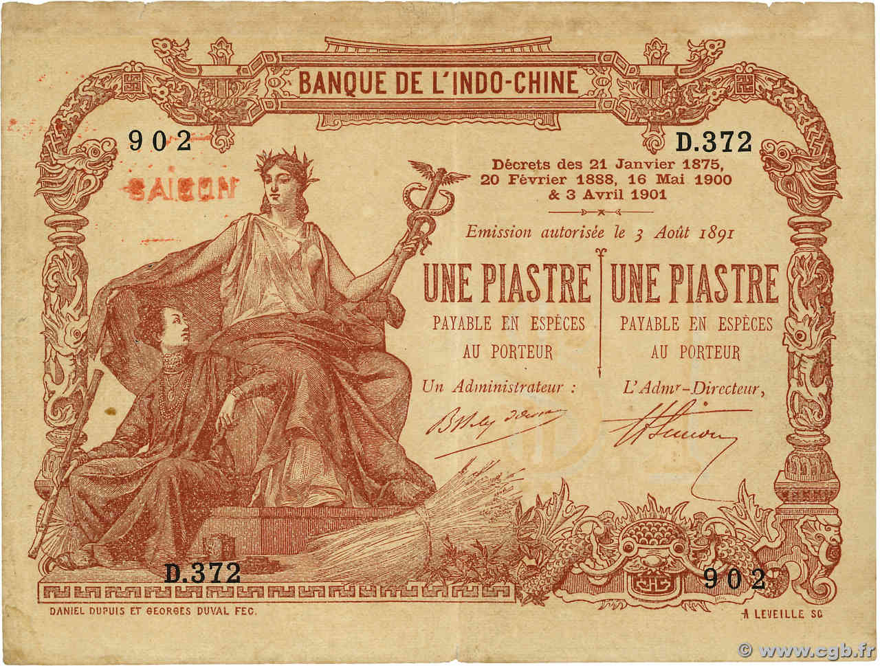 1 Piastre - 1 Piastre FRANZÖSISCHE-INDOCHINA Saïgon 1909 P.034b fSS