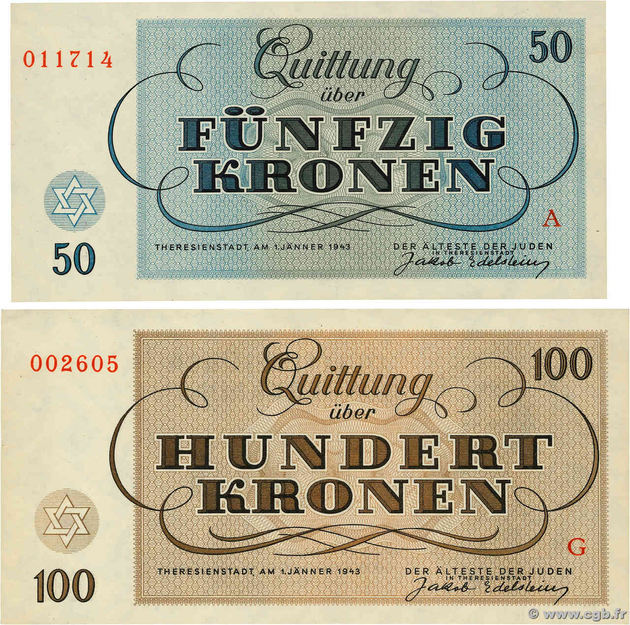50 et 100 Kronen Lot ISRAEL Terezin / Theresienstadt 1943 WWII.706 et 707 UNC-
