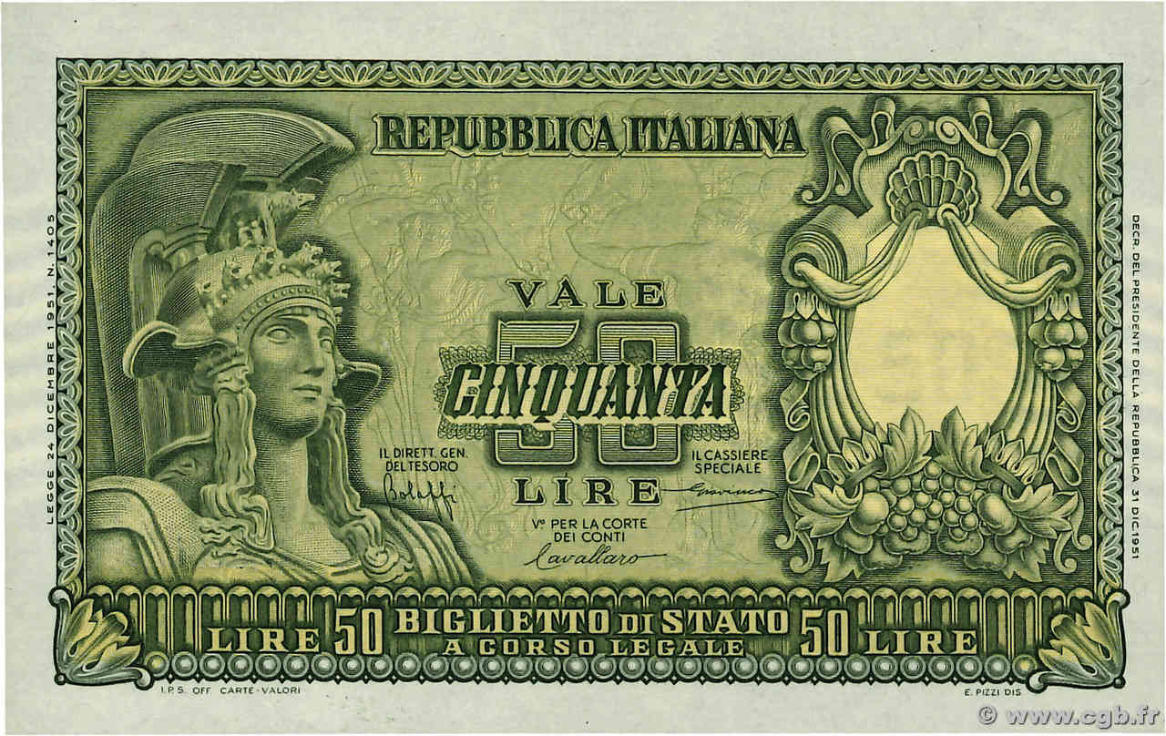 50 Lire ITALY  1951 P.091a UNC-