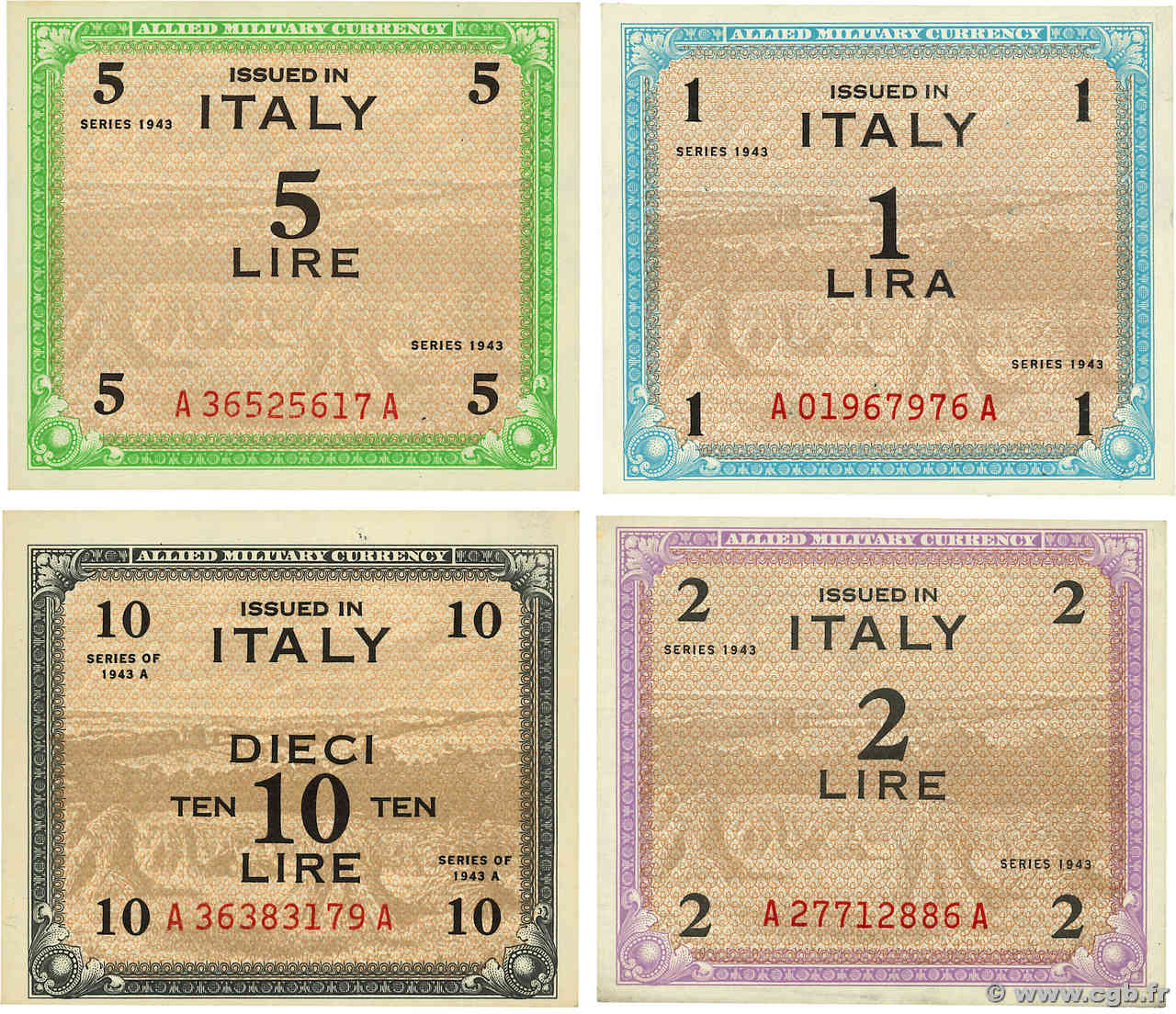 1 à 10 Lire Lot ITALY  1943 PM.10b au PM.13a UNC-