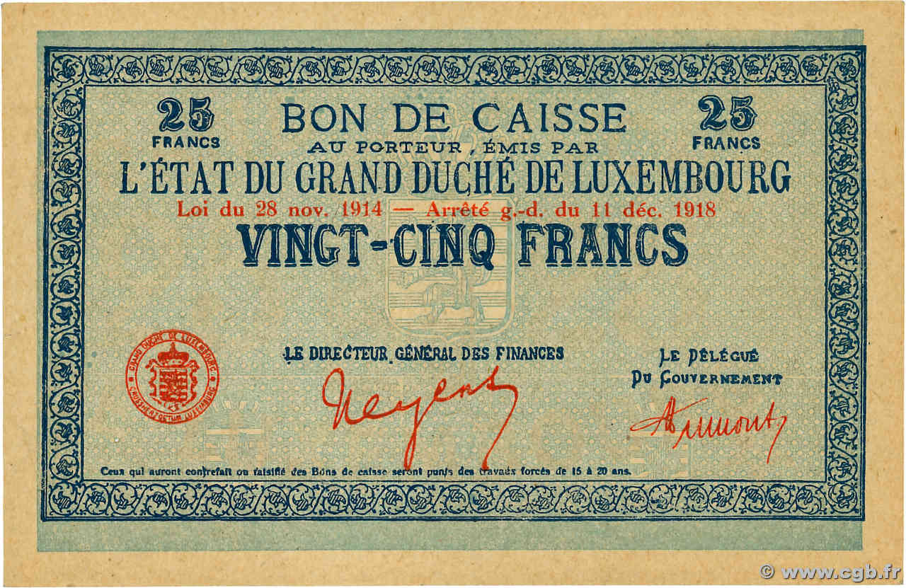 25 Francs LUSSEMBURGO  1919 P.31a q.FDC