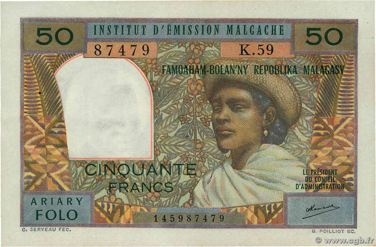 50 Francs - 10 Ariary MADAGASCAR  1962 P.061 AU-