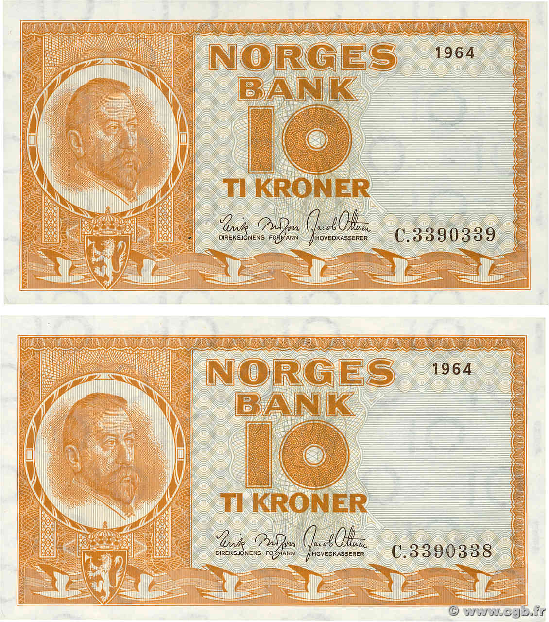 10 Kronor Consécutifs NORVÈGE  1964 P.31c UNC-
