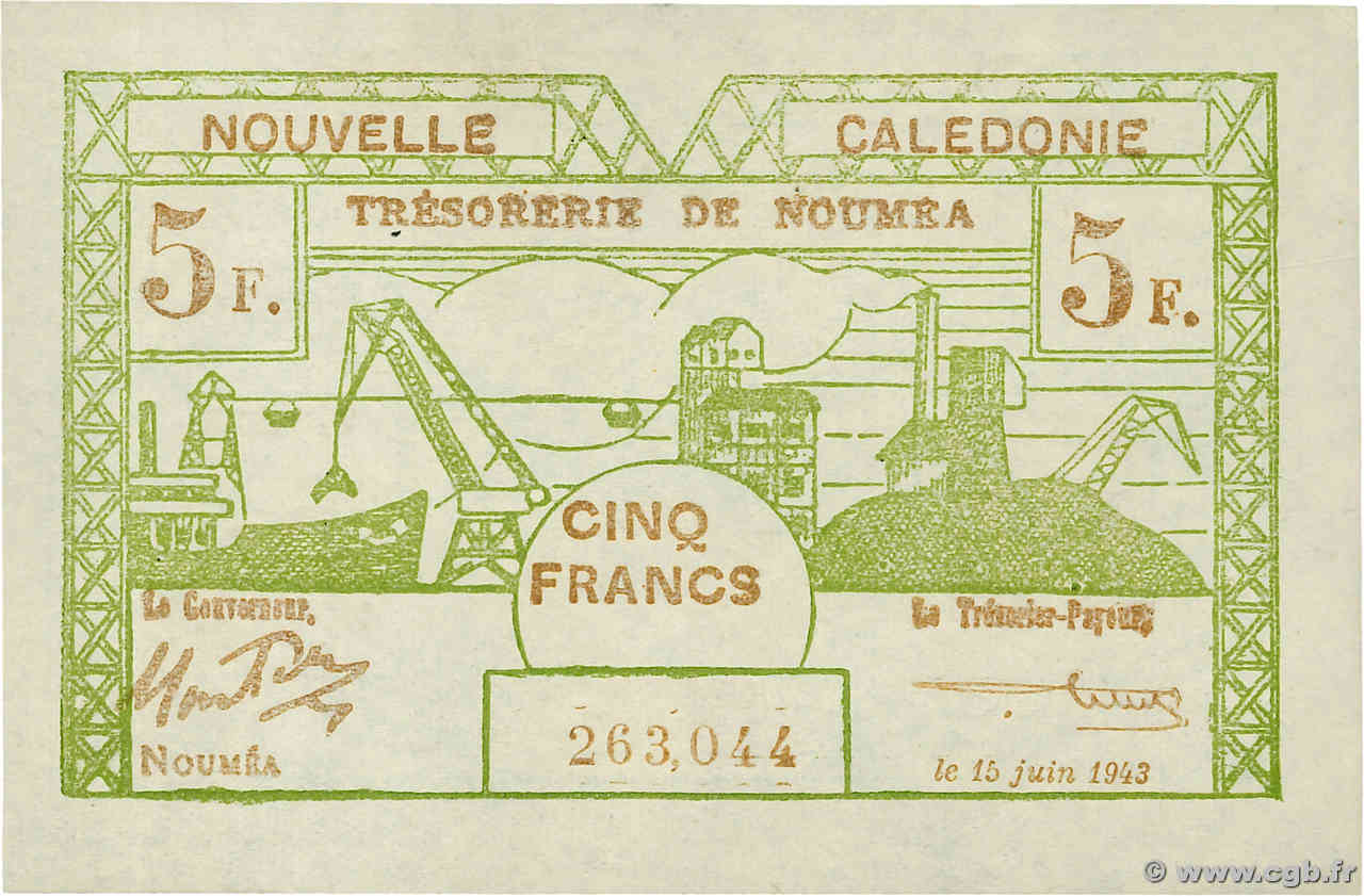5 Francs NEW CALEDONIA  1943 P.58 AU+
