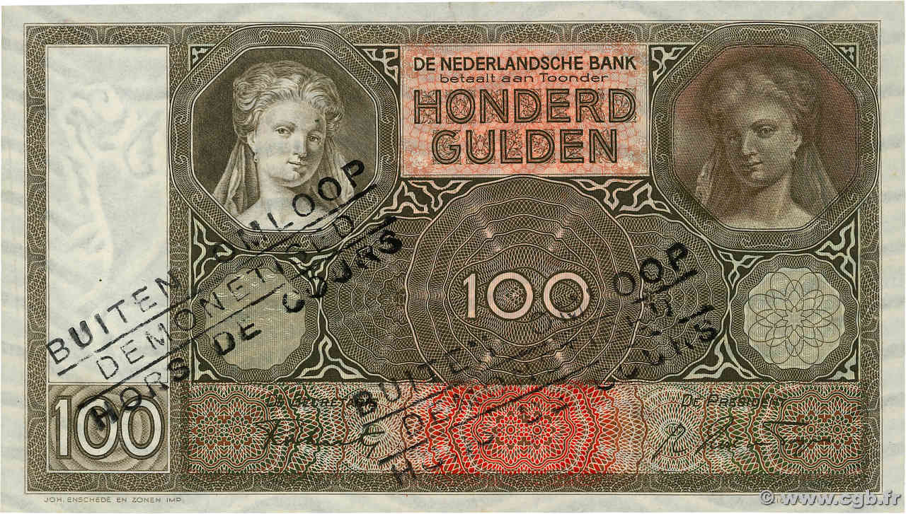 100 Gulden Annulé NIEDERLANDE  1942 P.051c fST+