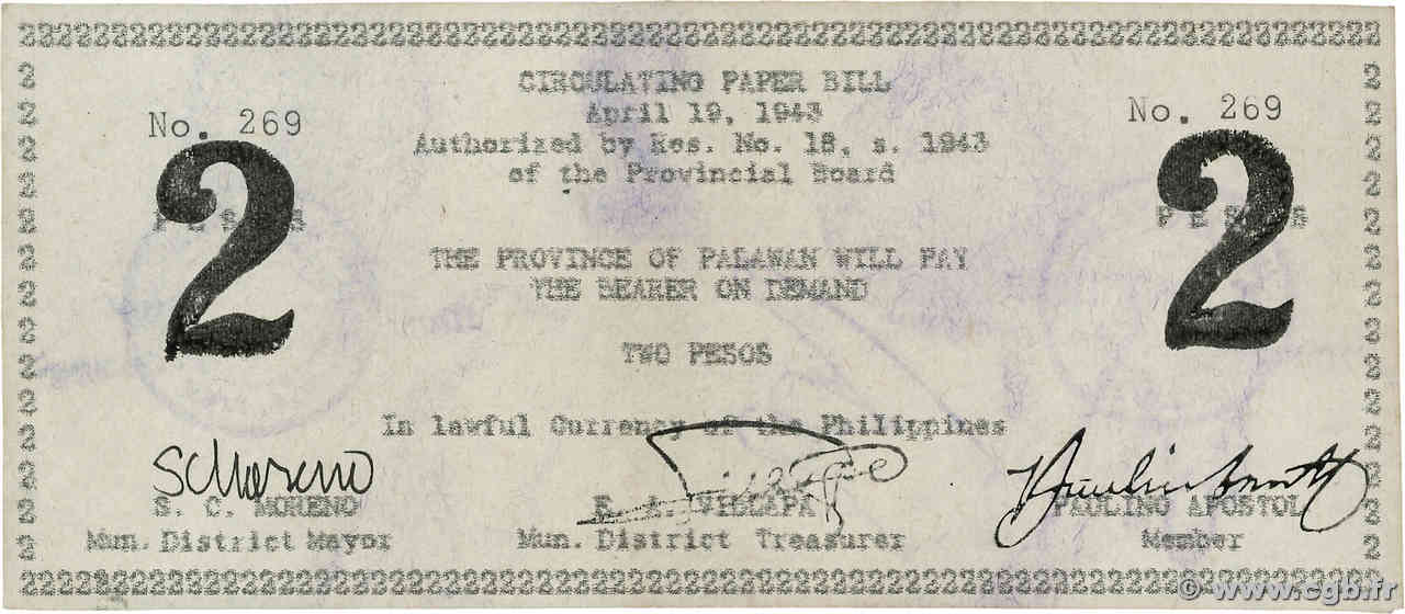 2 Pesos FILIPPINE Brooke s Point 1943 PS.915 AU
