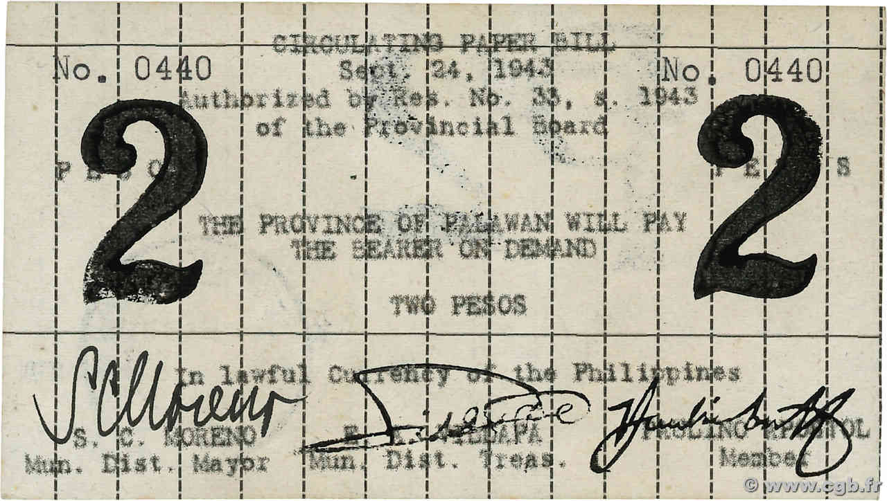 2 Pesos PHILIPPINEN Brooke s Point 1943 PS.926 fST+