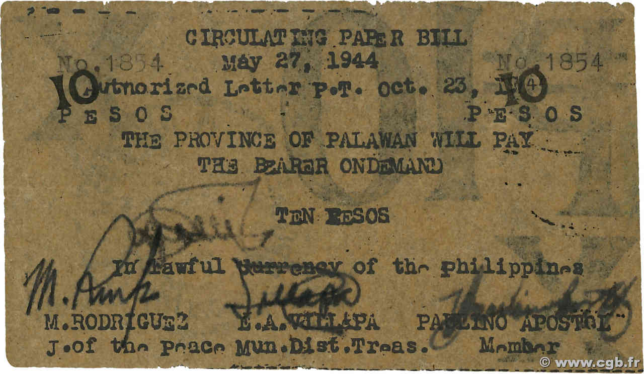 10 Pesos PHILIPPINES Brooke s Point 1944 PS.952 TTB+