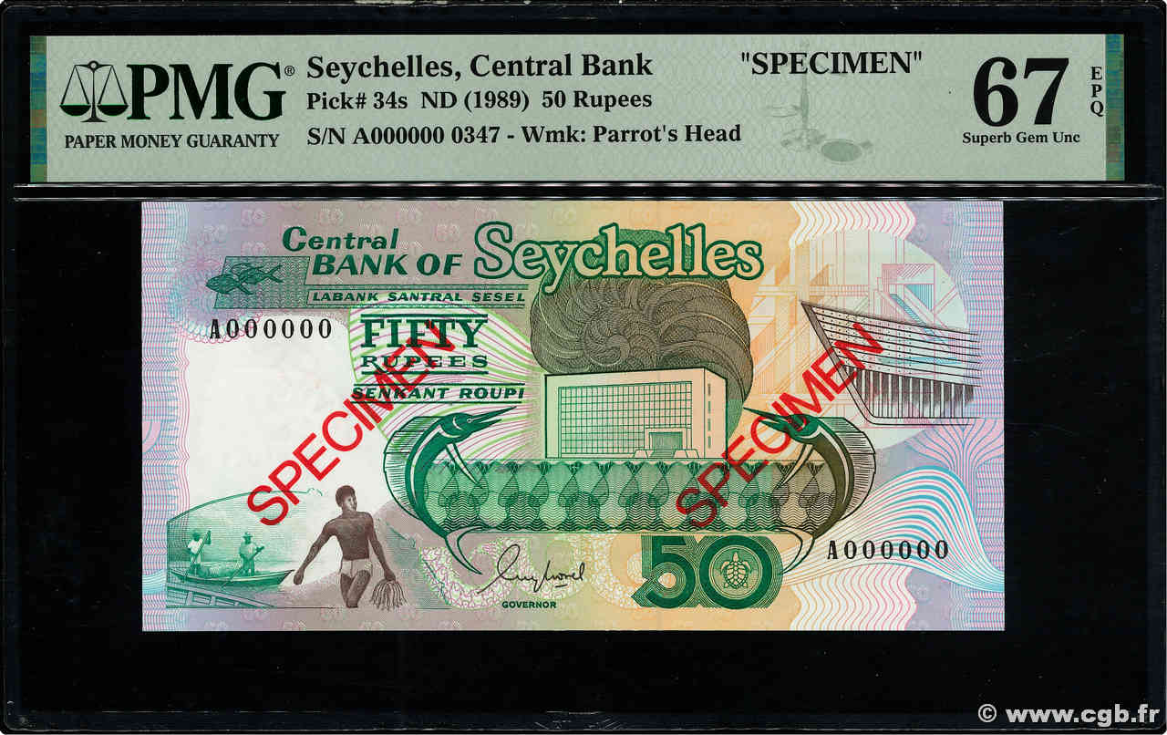 50 Rupees Spécimen SEYCHELLES  1989 P.34s UNC