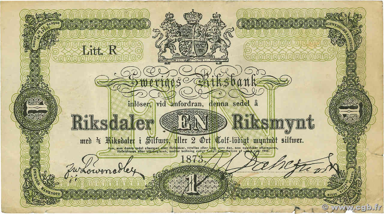 1 Riksdaler SUÈDE  1873 P.A139c F-