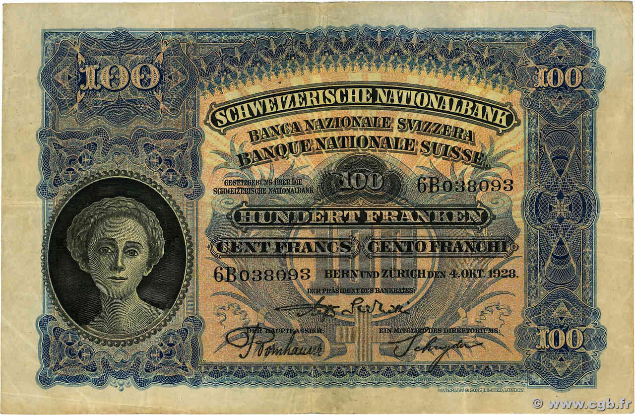 100 Francs SUISSE  1928 P.35e q.BB