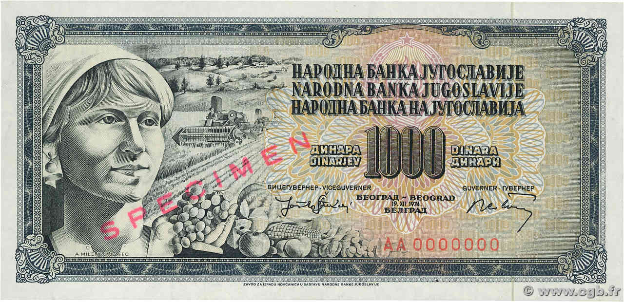 1000 Dinara Spécimen YOUGOSLAVIE  1974 P.086s pr.NEUF