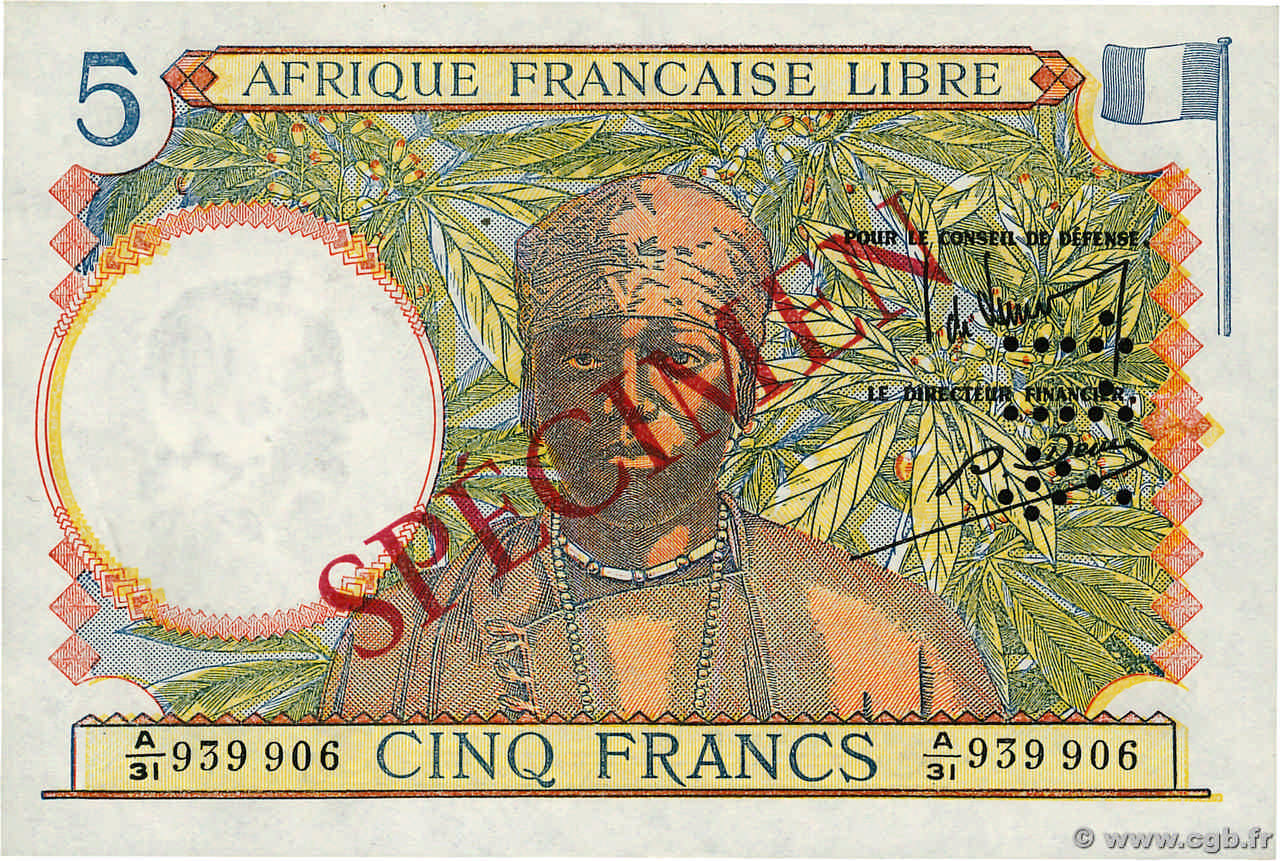 5 Francs Spécimen FRENCH EQUATORIAL AFRICA Brazzaville 1941 P.06s AU+