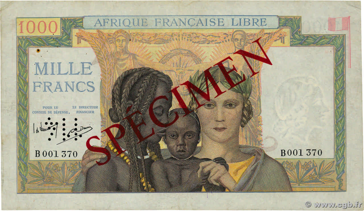 1000 Francs Spécimen AFRIQUE ÉQUATORIALE FRANÇAISE Brazzaville 1941 P.09s VF