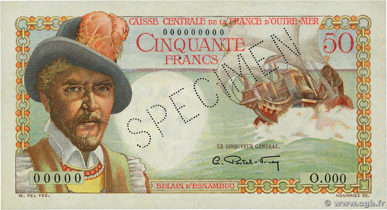 50 Francs Belain d Esnambuc Spécimen FRENCH EQUATORIAL AFRICA  1946 P.23s AU+