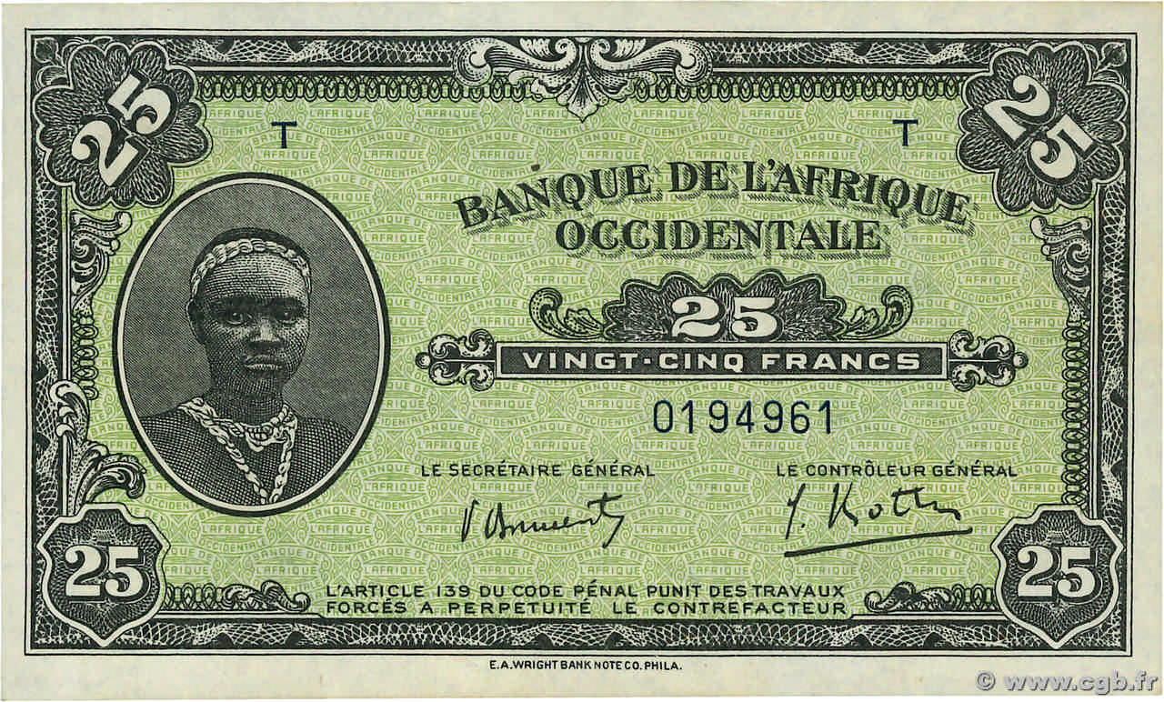 25 Francs FRENCH WEST AFRICA  1942 P.30a UNC