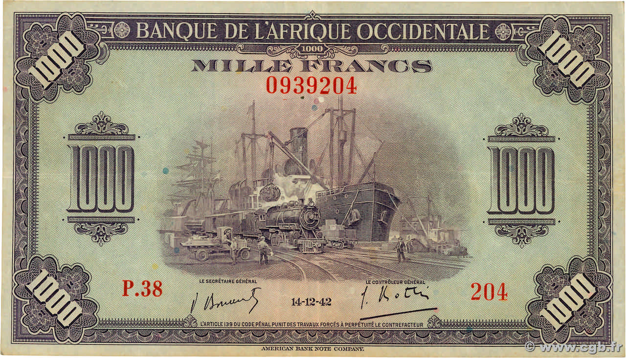 1000 Francs FRENCH WEST AFRICA  1942 P.32 q.SPL