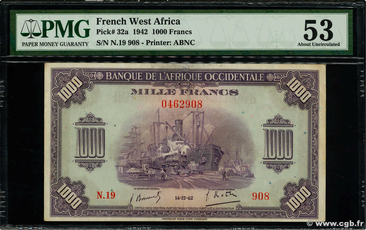 1000 Francs FRENCH WEST AFRICA  1942 P.32a VZ+