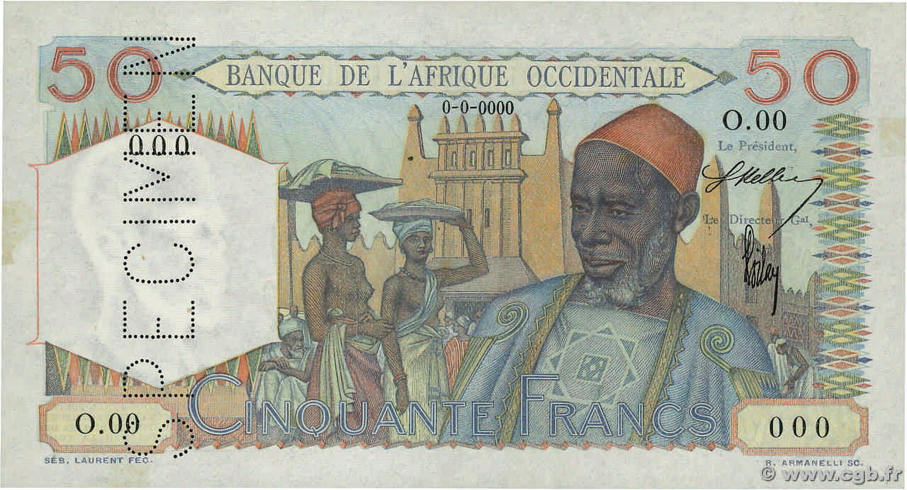 50 Francs Spécimen FRENCH WEST AFRICA  1944 P.39s EBC+
