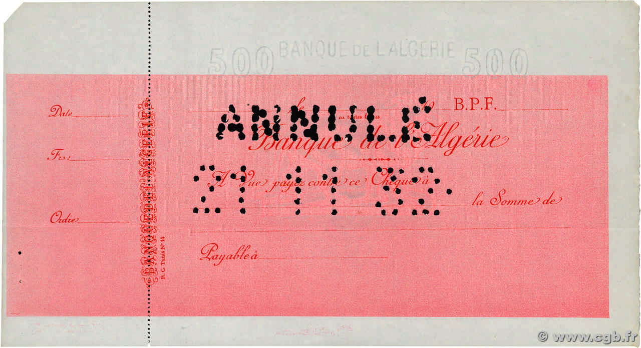 (500 Francs) Annulé ALGERIA  1932 P.-- SPL
