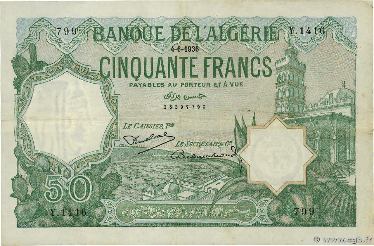 50 Francs ALGERIEN  1936 P.080a fSS