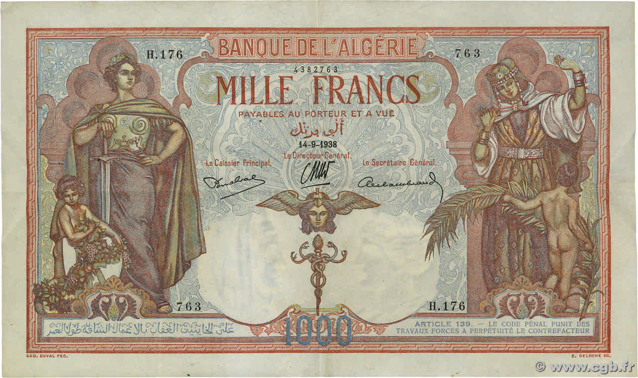 1000 Francs ALGÉRIE  1938 P.083a TTB+