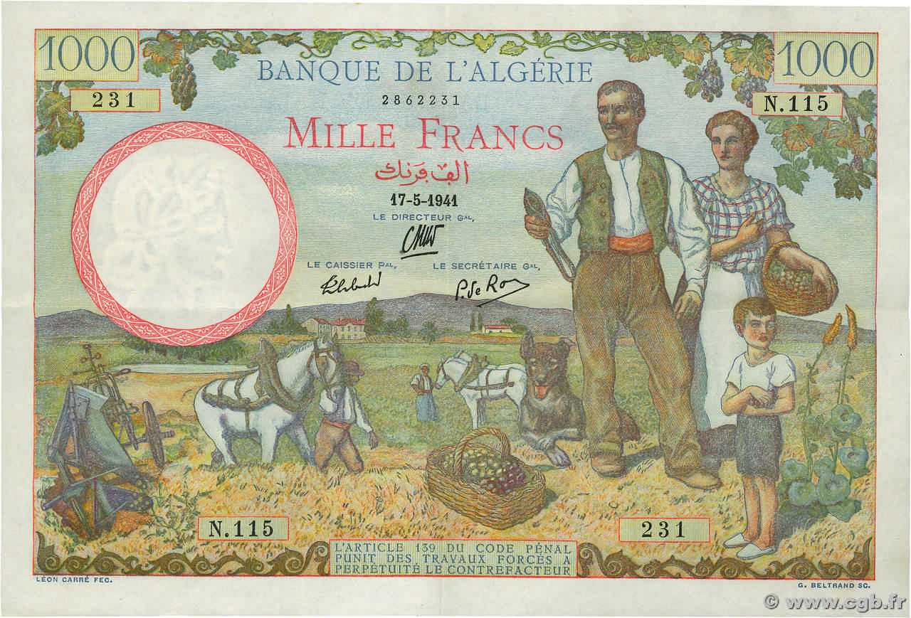 1000 Francs ALGERIA  1941 P.086 XF+