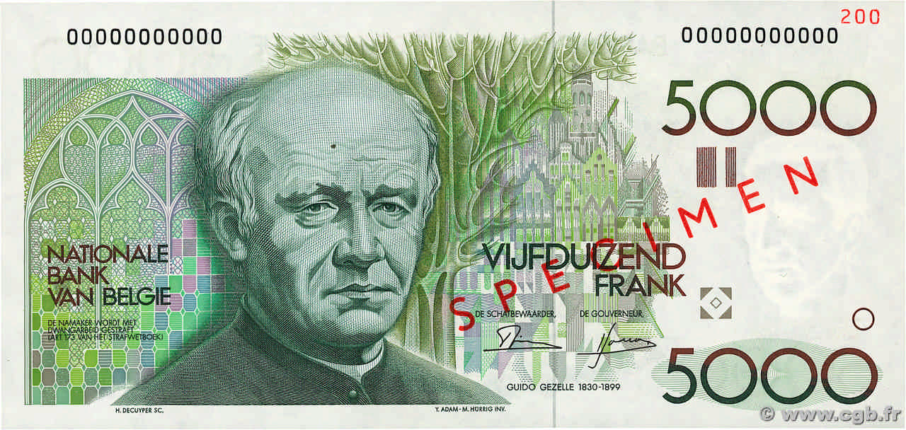 5000 Francs Spécimen BELGIUM  1982 P.145s UNC