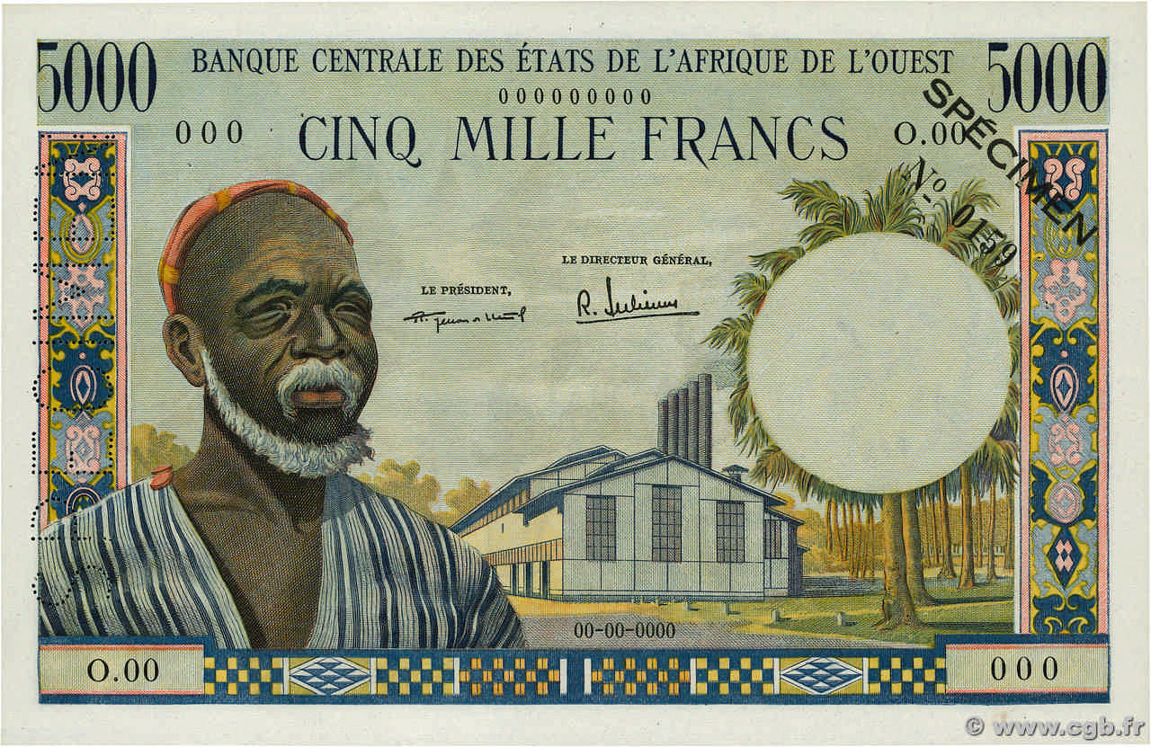 5000 Francs Spécimen WEST AFRICAN STATES  1964 P.005s XF+