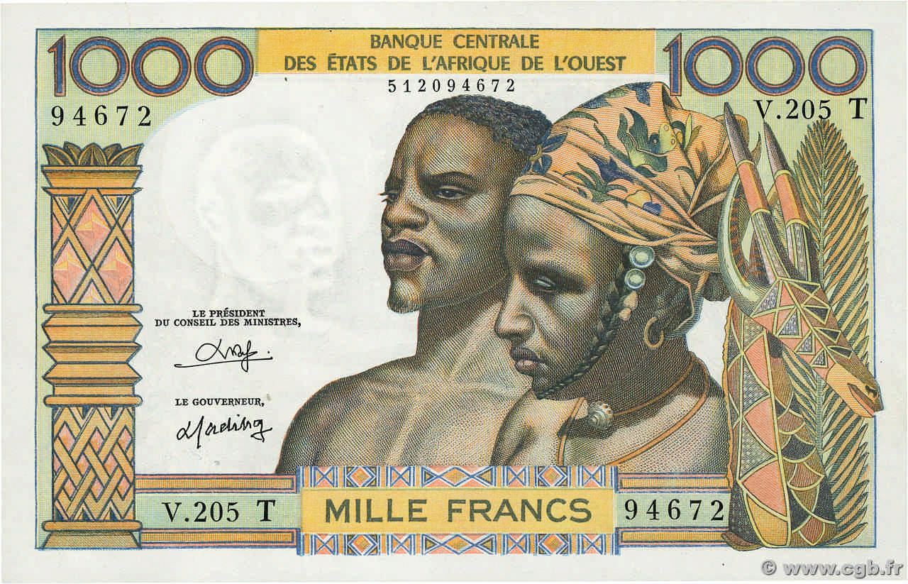 1000 Francs WEST AFRIKANISCHE STAATEN  1977 P.803To fST+