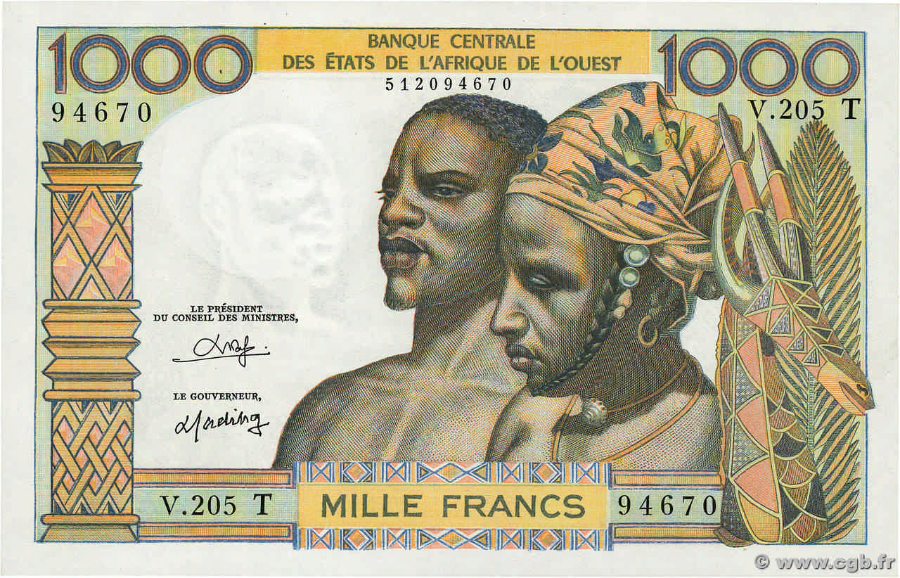 1000 Francs WEST AFRIKANISCHE STAATEN  1977 P.803To fST+