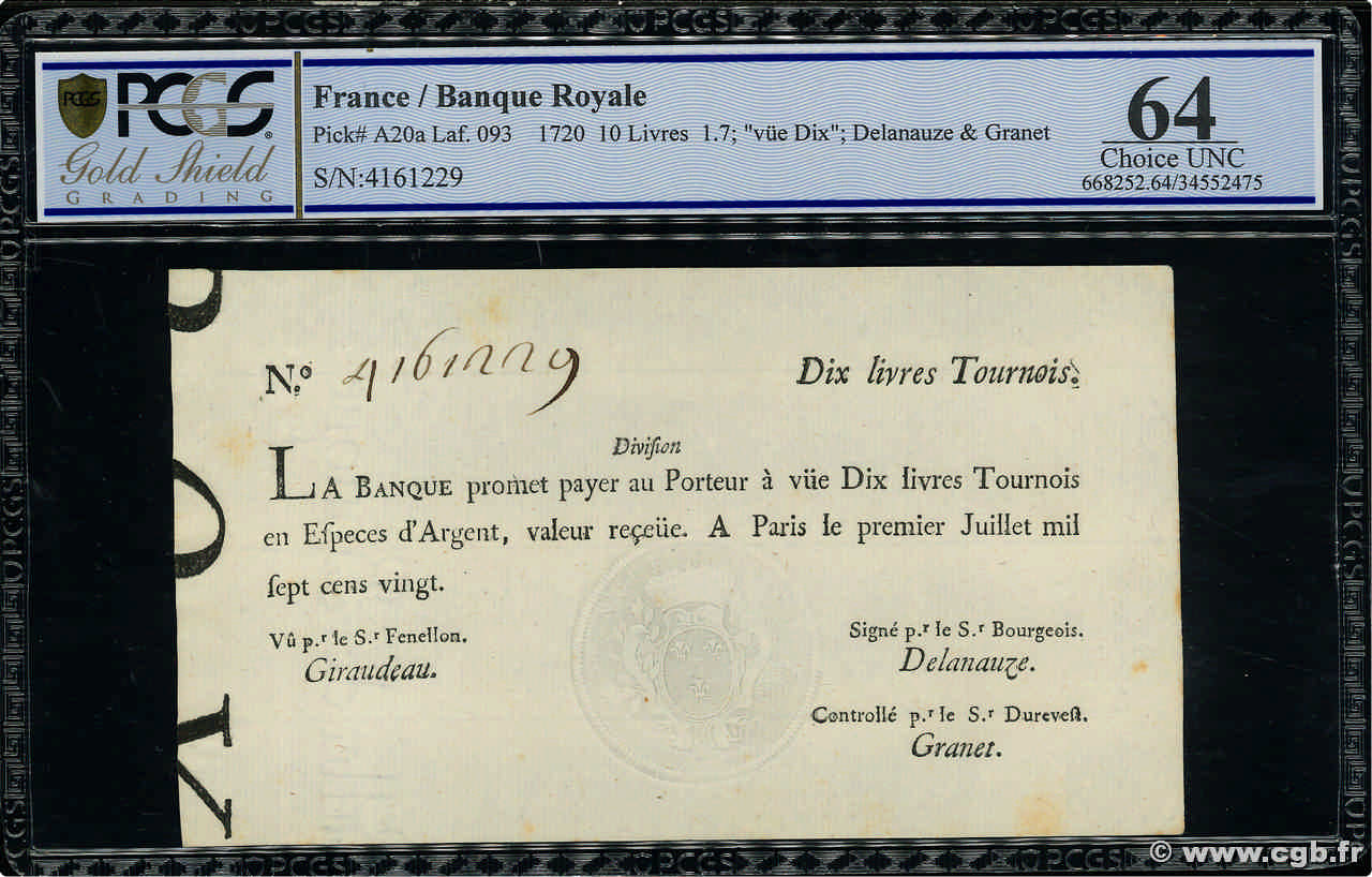 10 Livres Tournois typographié FRANCIA  1720 Dor.22 q.FDC