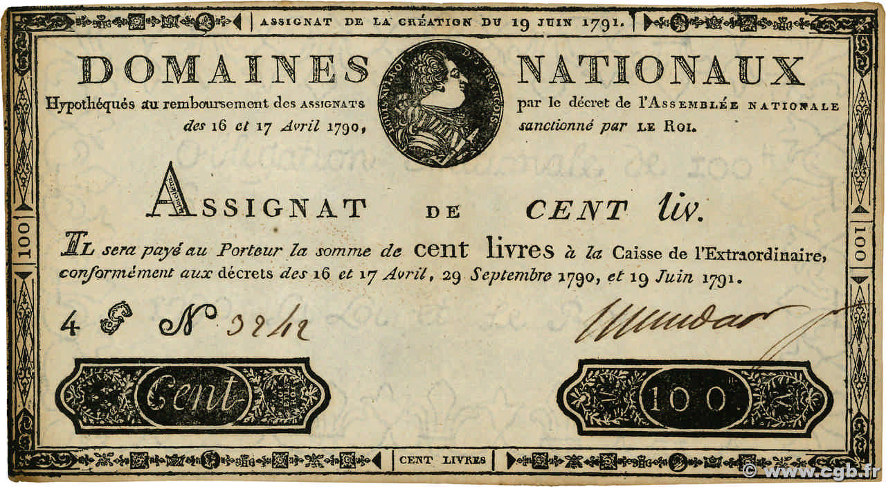 100 Livres Faux FRANCE  1791 Ass.15f TTB