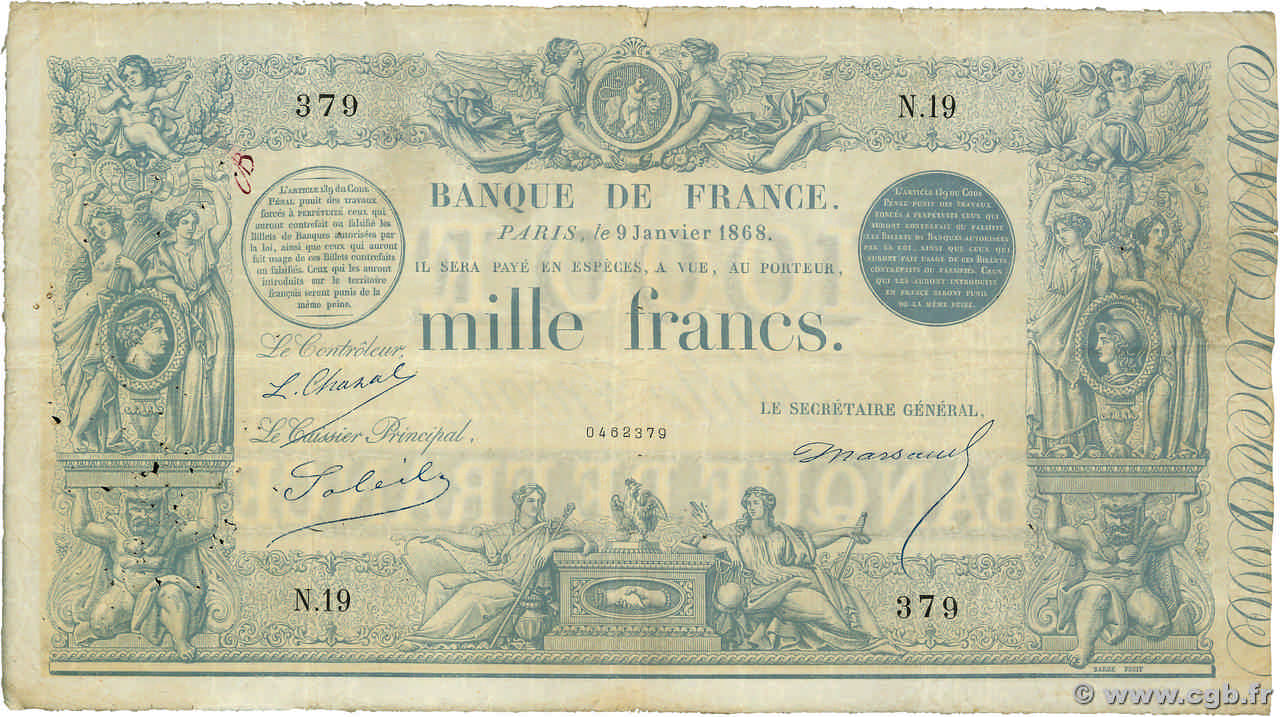 1000 Francs type 1862 - À indices Noirs FRANCIA  1868 F.A41.02 MB