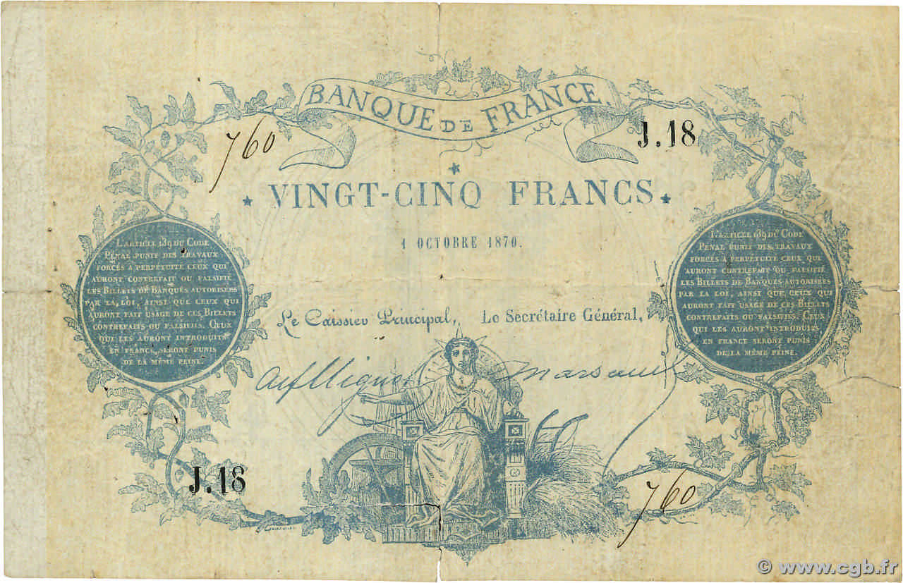 25 Francs type 1870 - Clermont-Ferrand Faux FRANKREICH  1870 F.A44.01x fSS