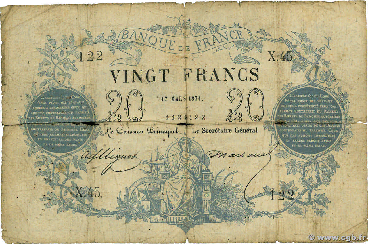 20 Francs type 1871 - Bleu FRANKREICH  1871 F.A46.02 fSGE