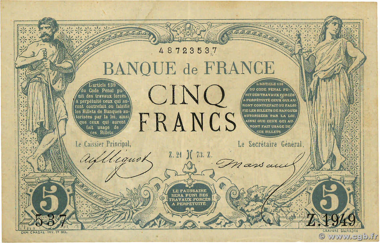 5 Francs NOIR FRANKREICH  1873 F.01.15 fVZ