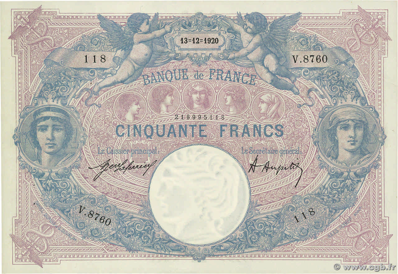 50 Francs BLEU ET ROSE FRANCE  1920 F.14.33 XF