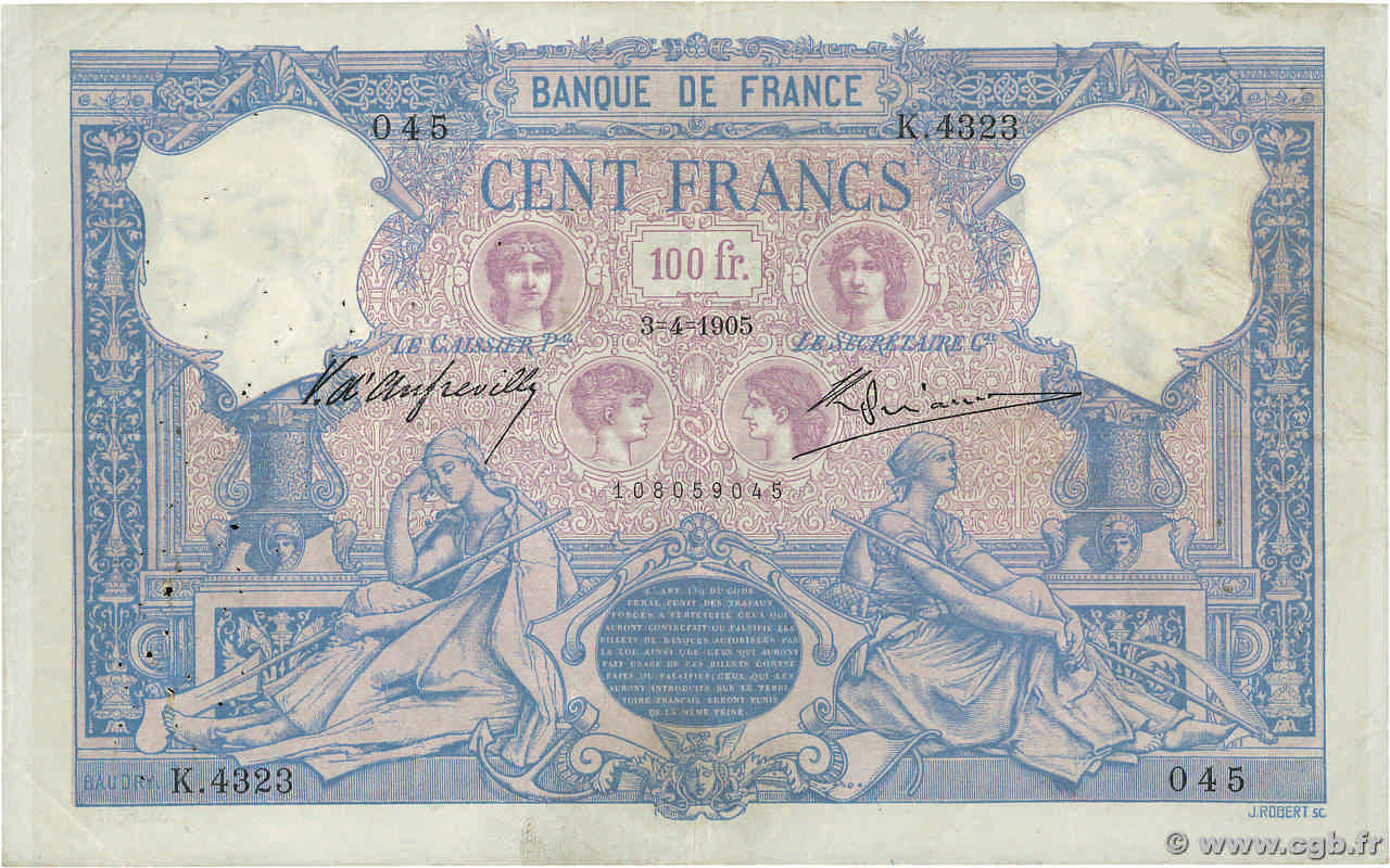 100 Francs BLEU ET ROSE FRANCIA  1905 F.21.19 BC+