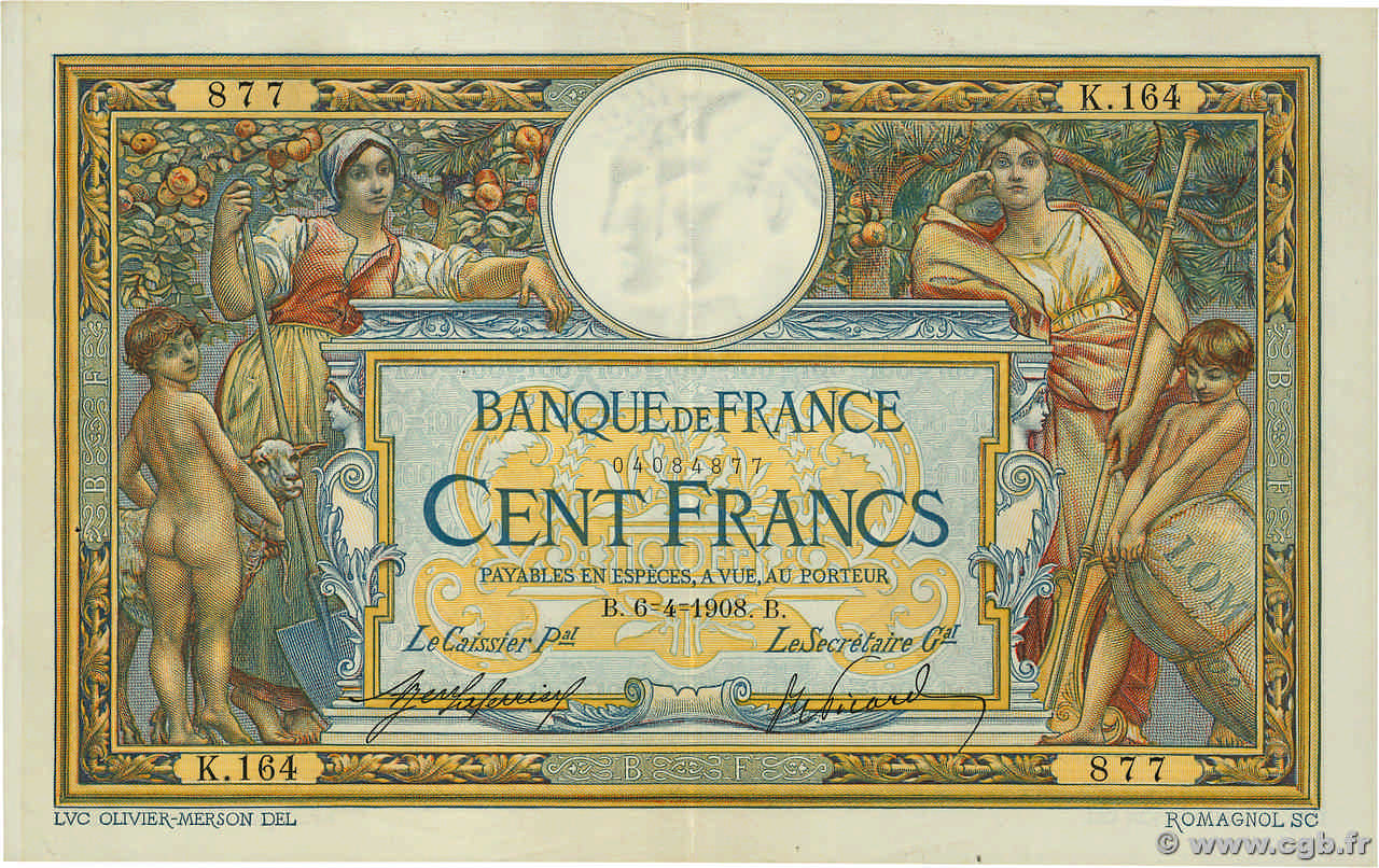 100 Francs LUC OLIVIER MERSON avec LOM FRANCE  1908 F.22.01 VF+
