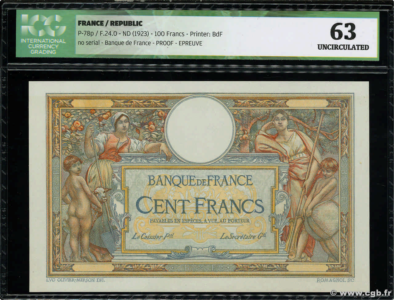 100 Francs LUC OLIVIER MERSON grands cartouches Épreuve FRANCIA  1923 F.24.00Ec q.FDC