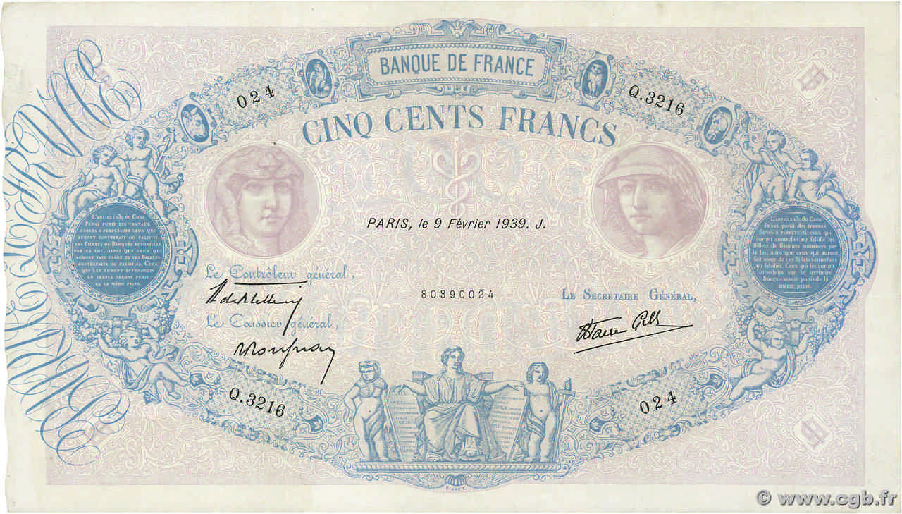 500 Francs BLEU ET ROSE modifié FRANCIA  1939 F.31.25 q.SPL