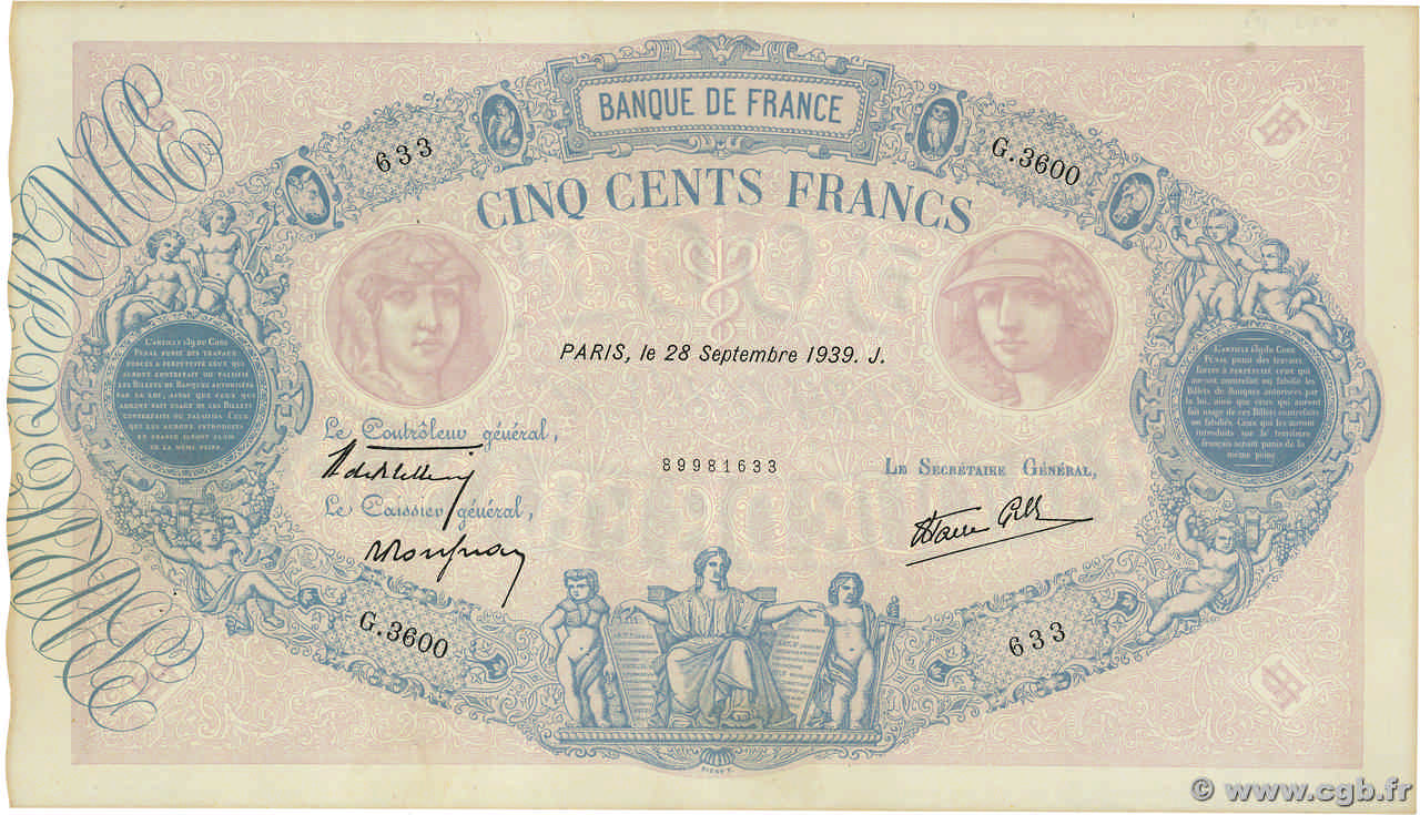 500 Francs BLEU ET ROSE modifié FRANCE  1939 F.31.41 SUP