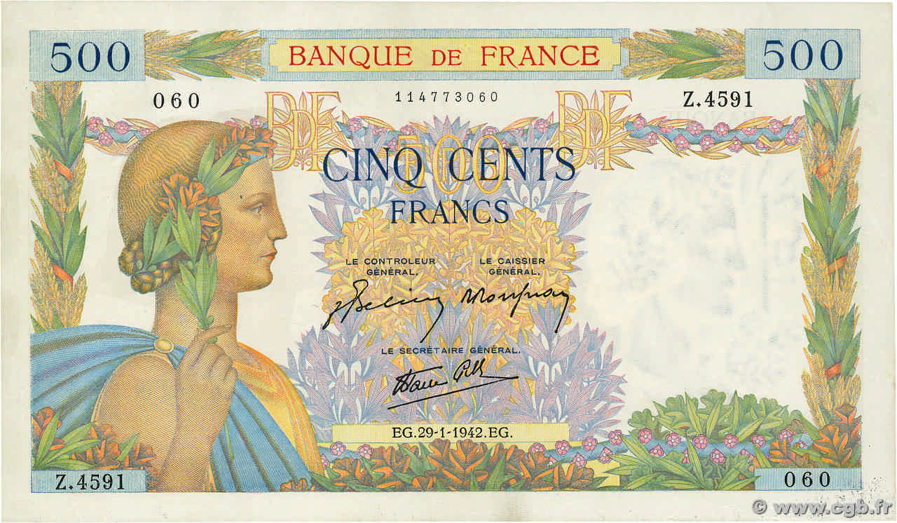 500 Francs LA PAIX FRANCE  1942 F.32.28 SUP+