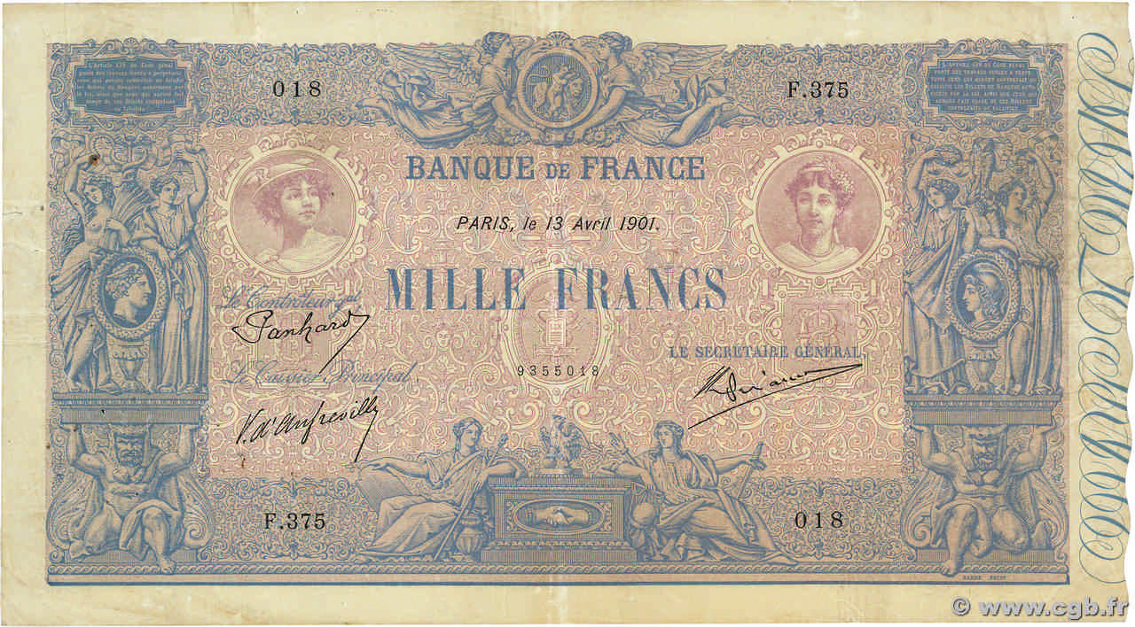 1000 Francs BLEU ET ROSE FRANCE  1901 F.36.14 TB