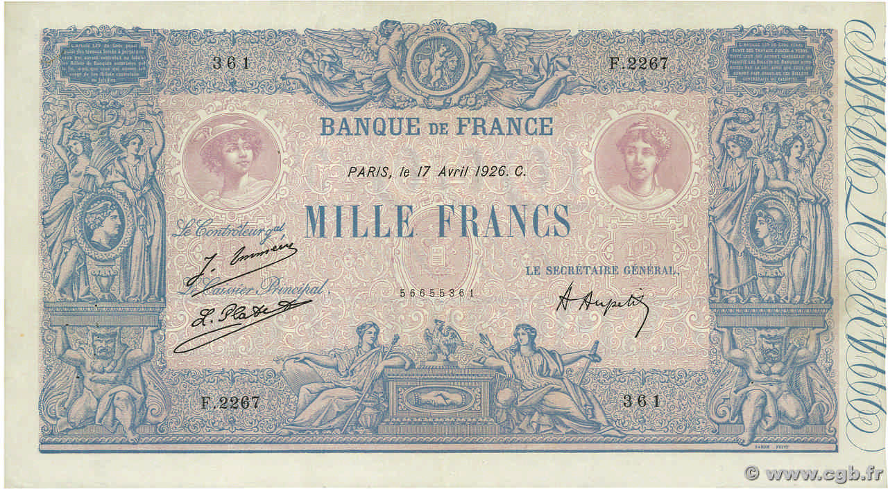 1000 Francs BLEU ET ROSE FRANCE  1926 F.36.42 VF+