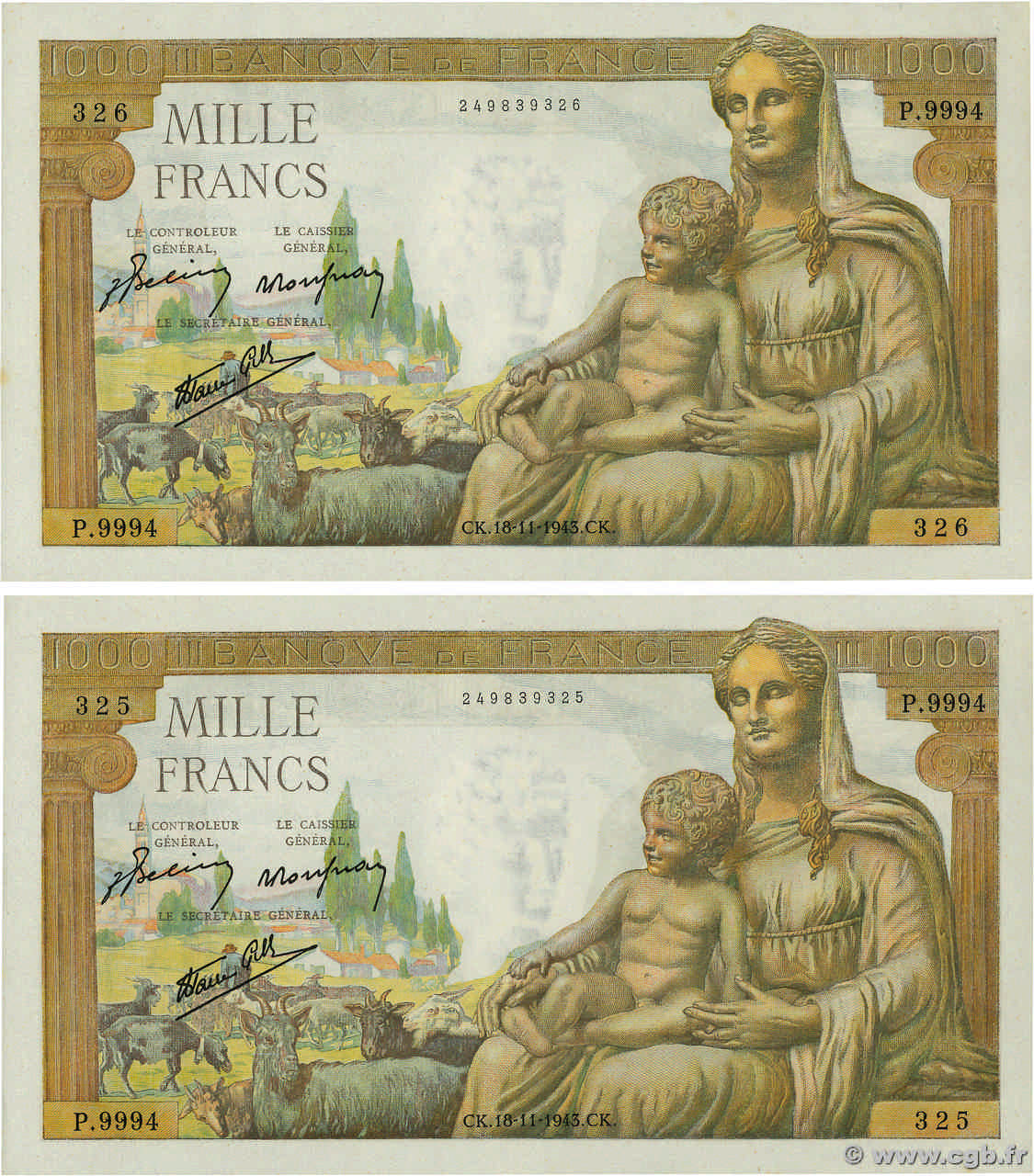 1000 Francs DÉESSE DÉMÉTER Consécutifs FRANCE  1943 F.40.40 pr.NEUF